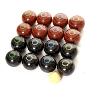 Thomas Taylor Carpet Bowls – 16 Biased 37/8” Bowls - 8 Black/8 Brown & a Jack